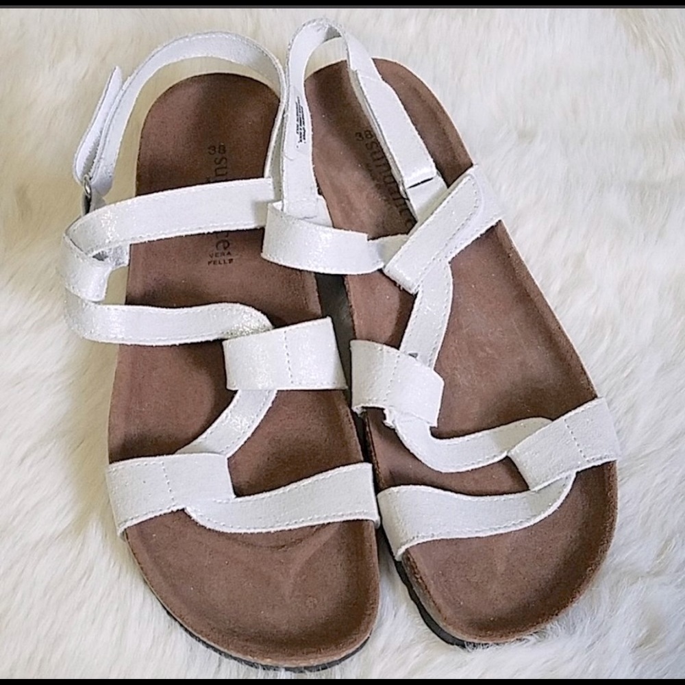 SUNDANCE Women's “White Shimmer Moon on the Water” Cork Bottom Sandals (7 - 7.5)